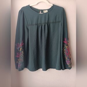 Anthropologie Fig Flower Green Top Floral Embroidered L